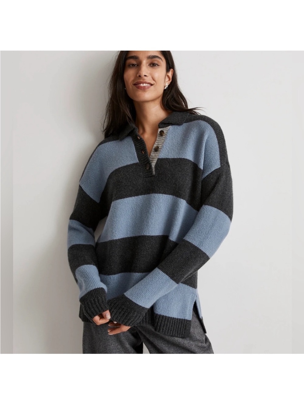 Madewell Gray Blue Rugby Stripe Polo Sweater Wool Alpaca Oversized Preppy M